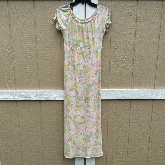 Vintage Sanmark Pink Floral Full Length Nylon Nightgown Granny Womens Size Small - Picture 1 of 6